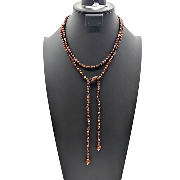 Vintage 52" Genuine Copper & Gold Lariat Style Open Ended Pearl Necklace - Picture 1 of 8